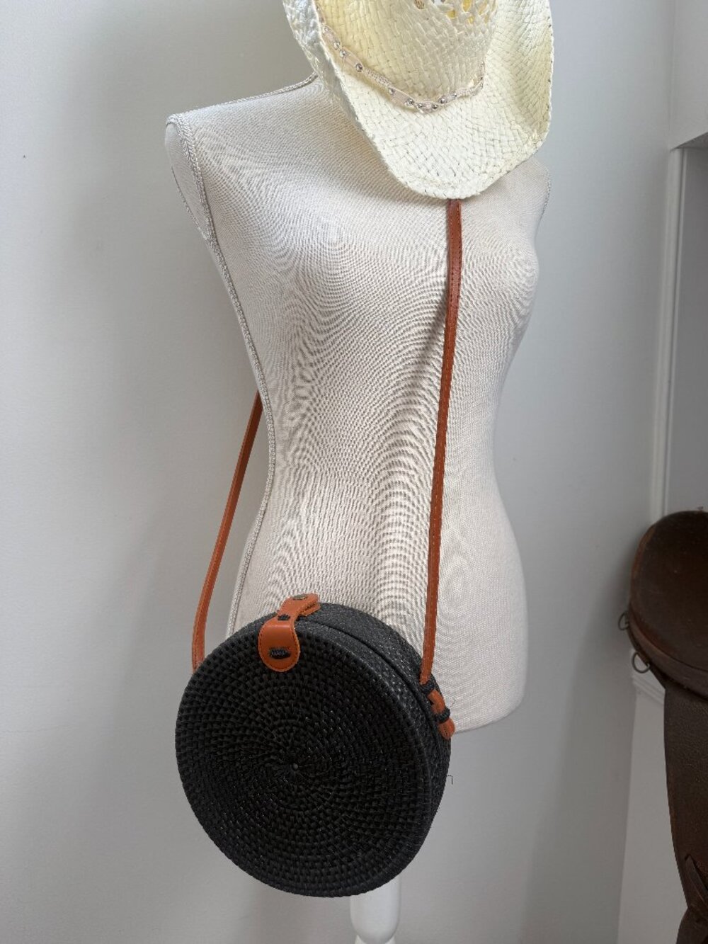 Black Rattan Circular Shoulder Bag